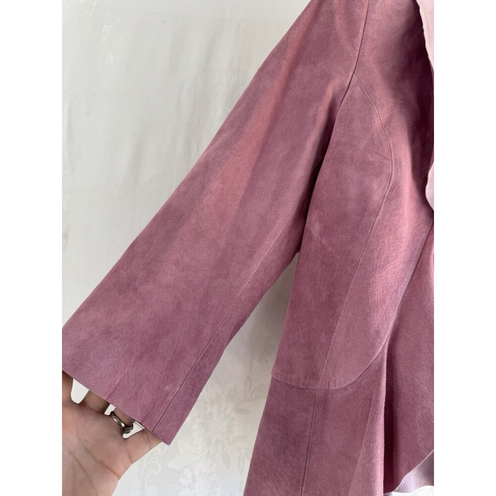 Vtg Y2K Spiegel Pink Suede Pig Leather Jacket Flare Bottom Jacket Open Front Sm - Picture 3 of 10